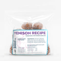 Human-grade pasture-raised venison cat food with kelp and sea salt. Freshly prepared in Santa Fe and frozen in compostable pints or convenient nuggets.
