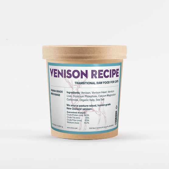 Fresh, human-grade frozen raw transitional venison cat food by SHINE, made in Santa Fe, ideal for sensitive stomachs and picky eaters.