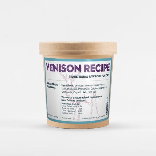Fresh, human-grade frozen raw transitional venison cat food by SHINE, made in Santa Fe, ideal for sensitive stomachs and picky eaters.
