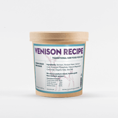 Fresh, human-grade frozen raw transitional venison cat food by SHINE, made in Santa Fe, ideal for sensitive stomachs and picky eaters.