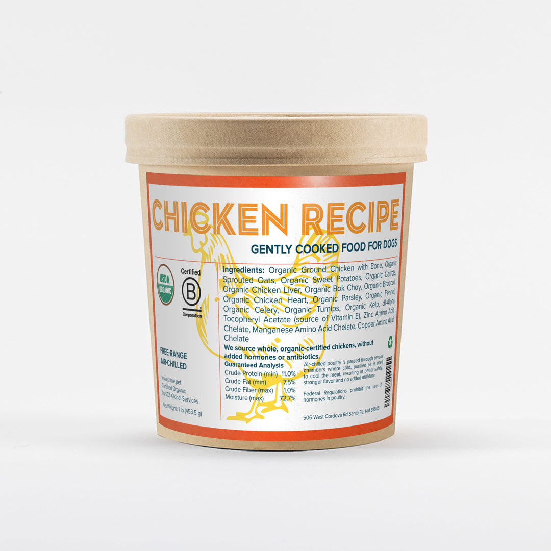Fresh dog food made with organic, hormone-free chicken—lean, digestible protein that supports muscle health, healthy skin and coat, and overall vitality for dogs.