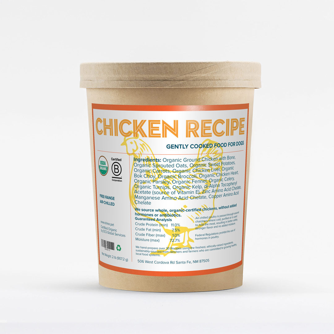 Fresh dog food made with organic, hormone-free chicken—lean, digestible protein that supports muscle health, healthy skin and coat, and overall vitality for dogs.