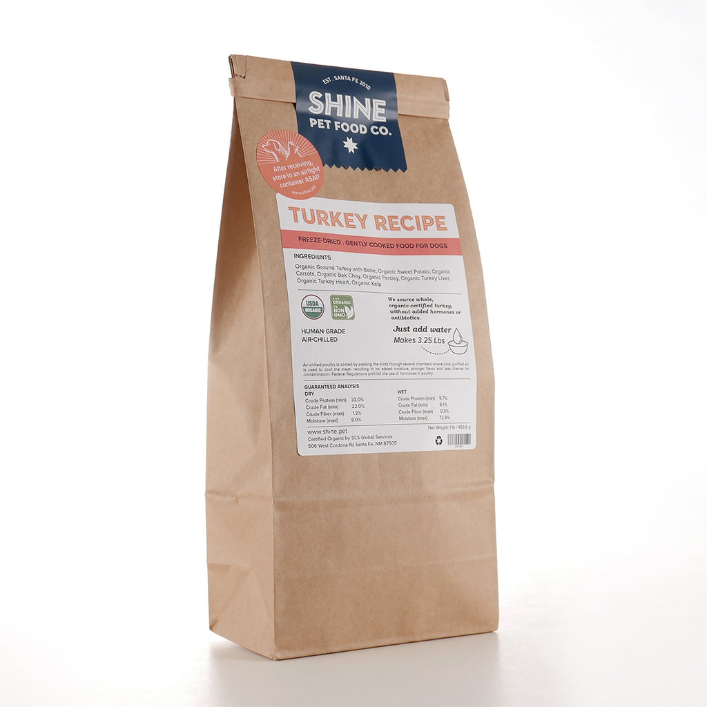 SHINE Pet Food’s Gently-Cooked Organic Turkey dog food is freeze-dried for convenience, delivering nutritious, flavorful meals your dog will love every day.