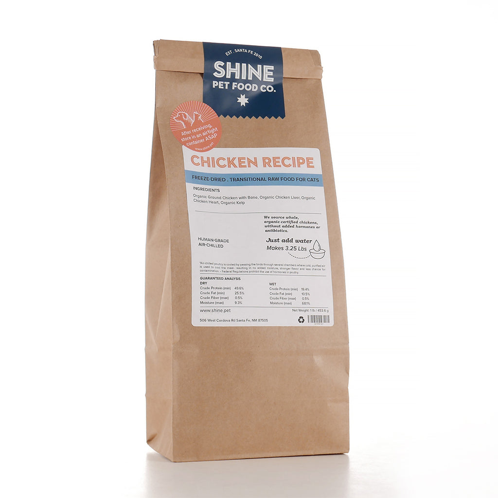 SHINE’s transitional cat diet features pure meat with kelp and sea salt. Freshly prepared in Santa Fe with organic, air-chilled chicken for optimal nutrition.