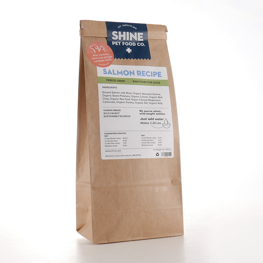 Freeze-dried raw salmon dog food made with wild-caught fish and organic ingredients, handcrafted in Santa Fe, NM