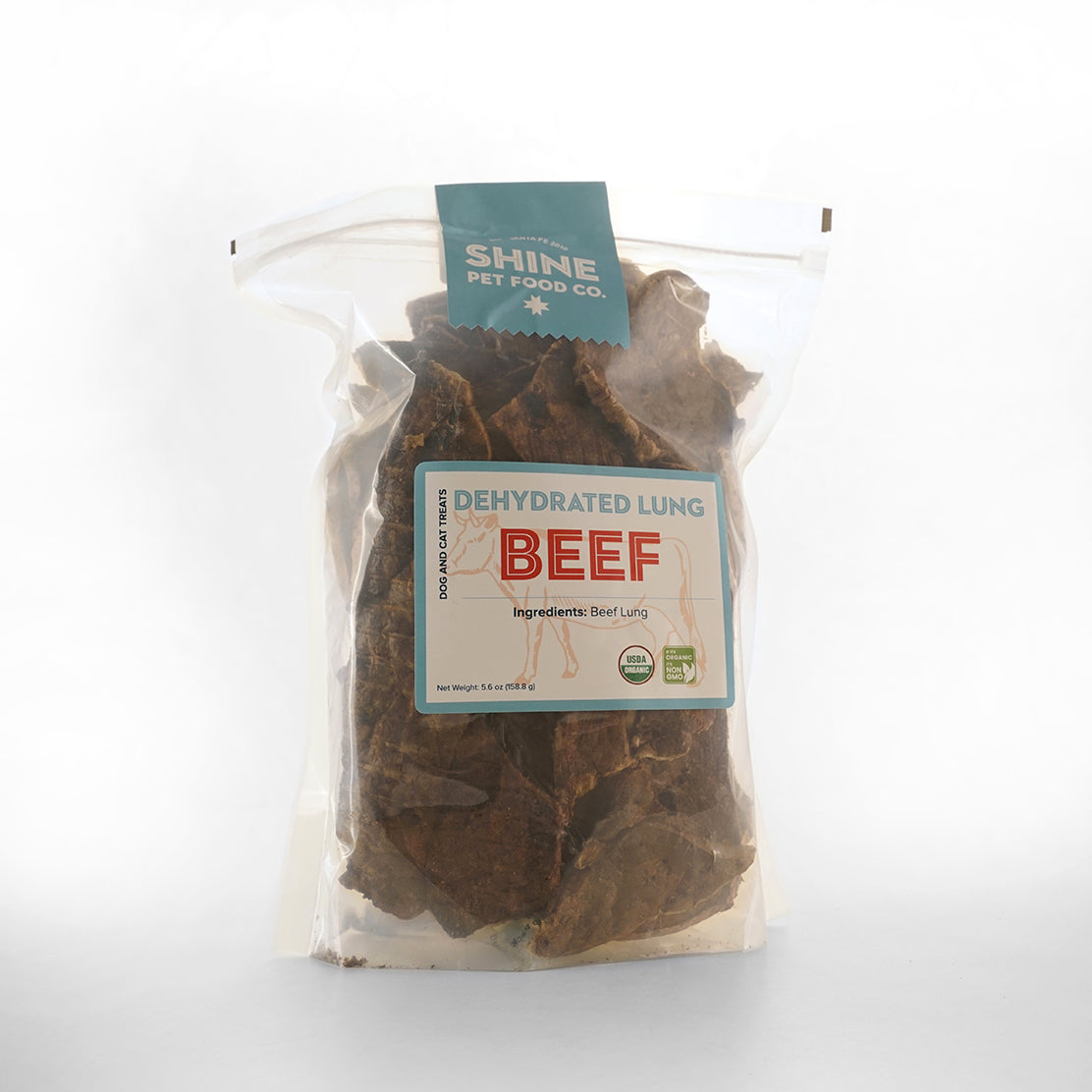 SHINE Pet Food dehydrated beef lung treats for cats and dogs, crafted from single-source, organic, human-grade beef with a soft and crunchy texture that pets love.