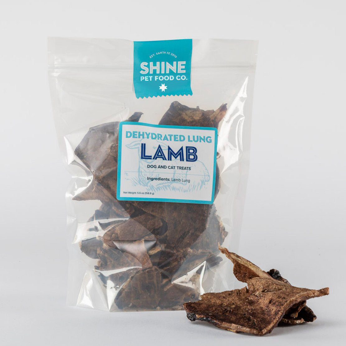 SHINE Pet Food crunchy dehydrated lamb lung treats for cats and dogs, crafted from single-source, human-grade lamb.