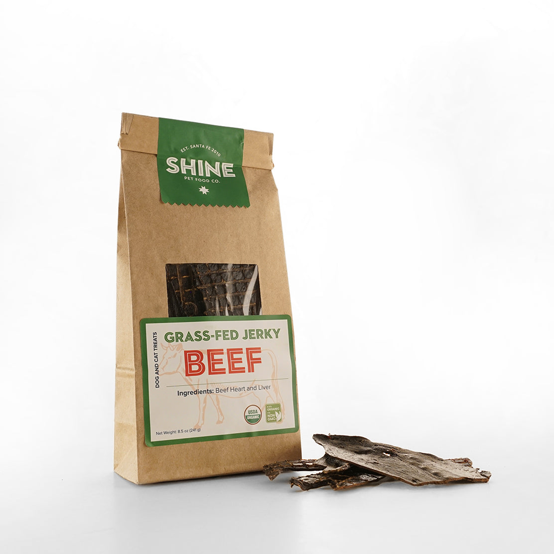 Organic, human-grade, sustainably sourced beef Grass-Fed Jerky from SHINE Pet Food, made with heart and liver. A healthy, protein-rich treat perfect for cats and dogs every day.